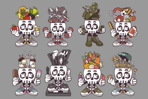 8 Skull Head Cartoon Character