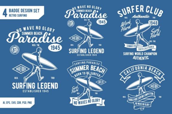 4 Retro Surfing Badge Design Set
