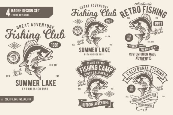 4 Fishing Adventure Badge Design Set