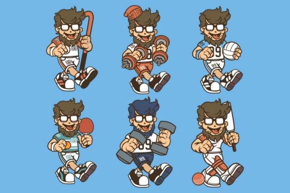 6 Bearded Hipster Cartoon Character