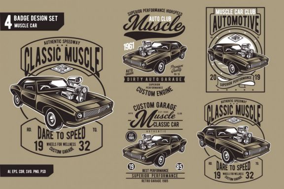 4 Muscle Car Badge Design Set