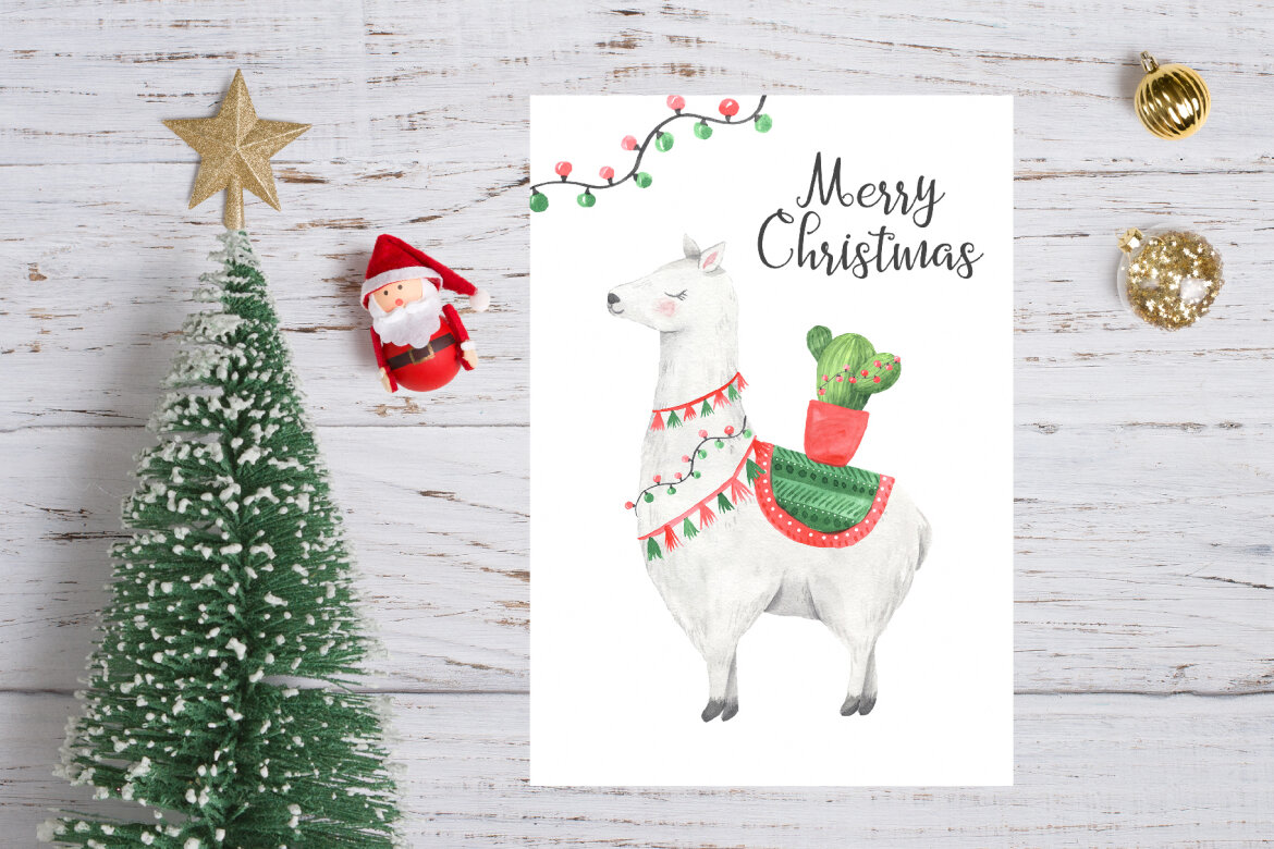 Watercolor Christmas Llamas FREE Clipart alternate