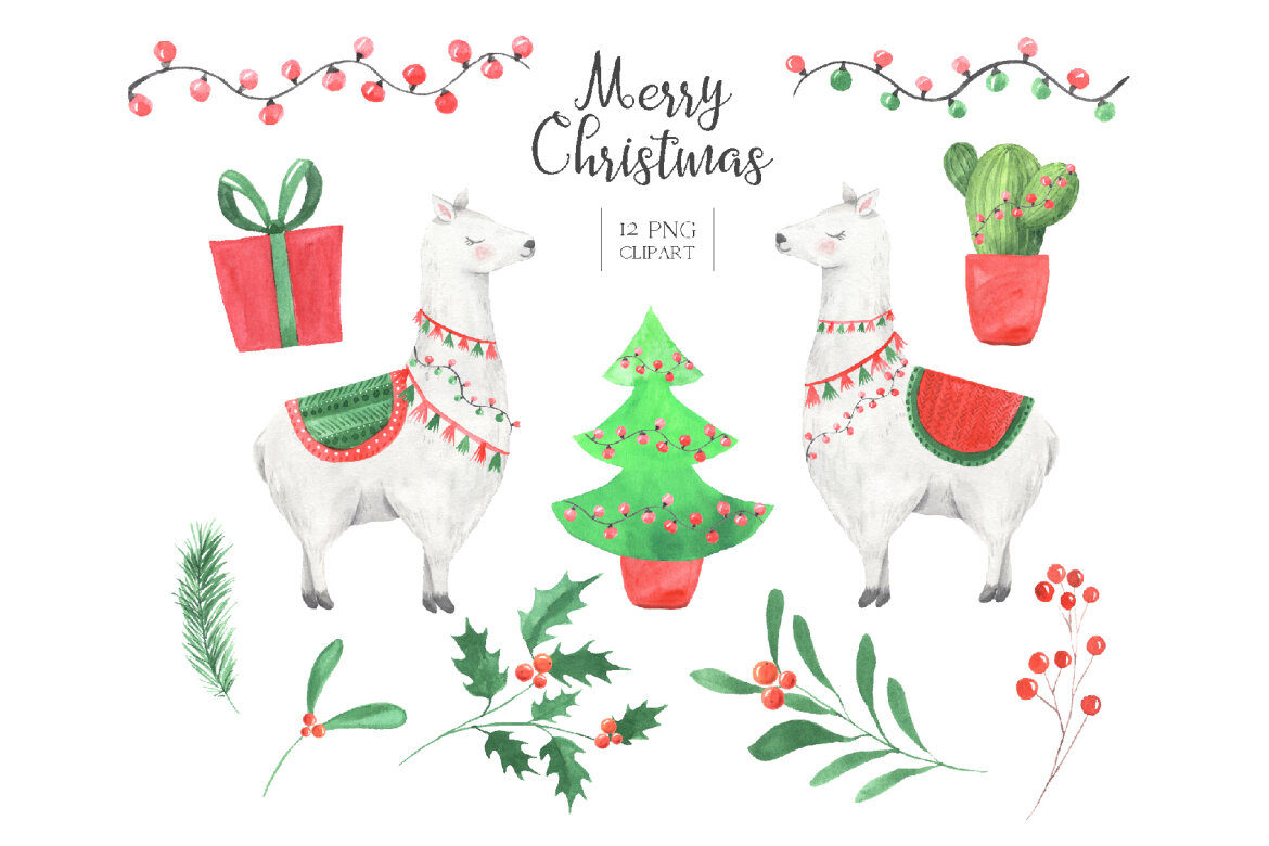 Watercolor Christmas Llamas FREE Clipart alternate