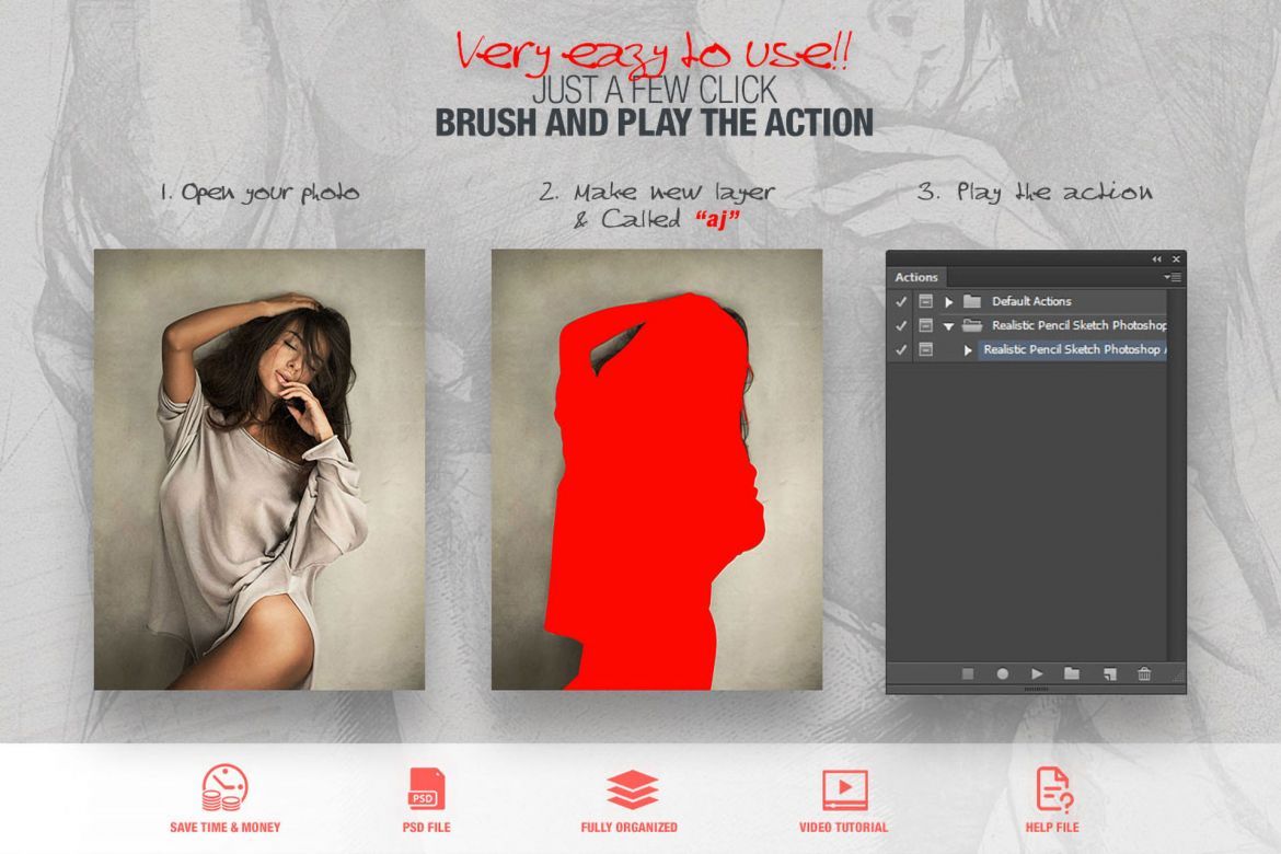 Realistic Pencil Sketch Photoshop Action CS3+ alternate