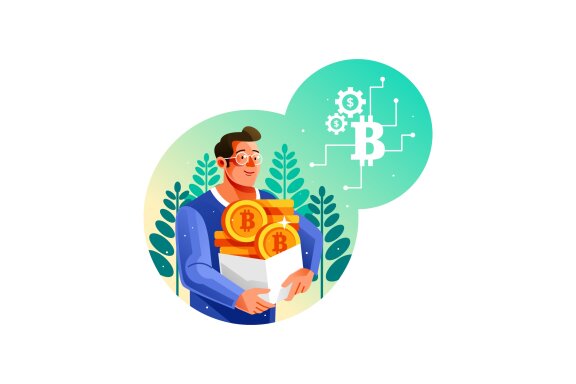 A man holding a box of bitcoin coins