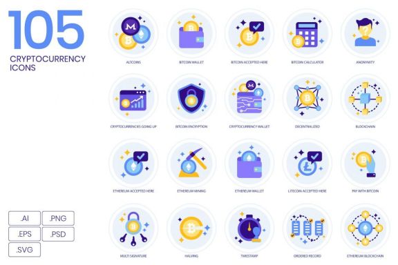 105 Cryptocurrency Icons | Lavender