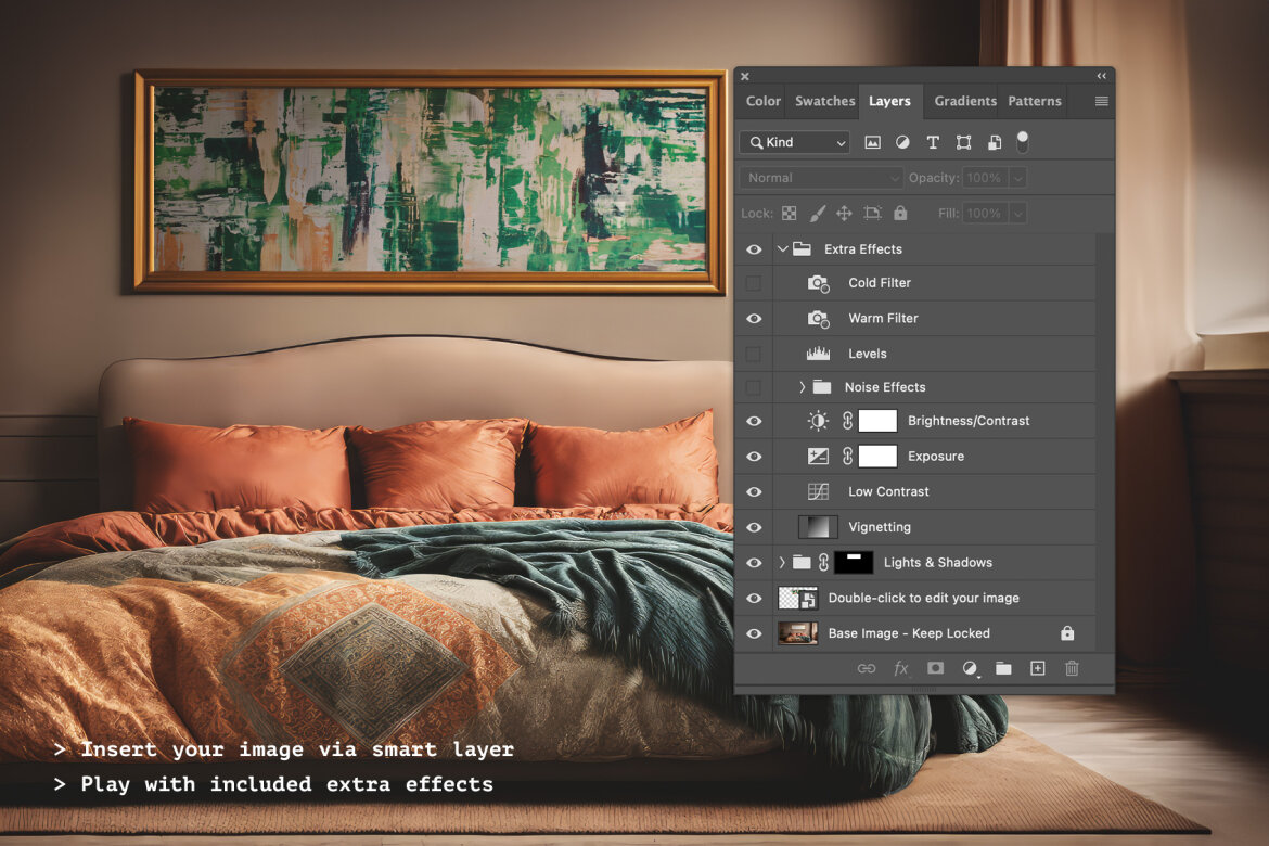 Free Bedroom Scene with Framed Artwork alt