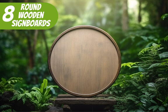 8 Free images of blank round wooden signboards with green leaves background