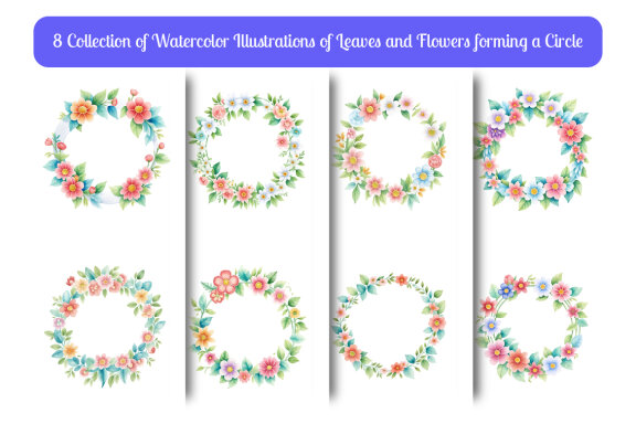 Free watercolor illustrations of leaves and flowers forming a circle vol. 6 alt