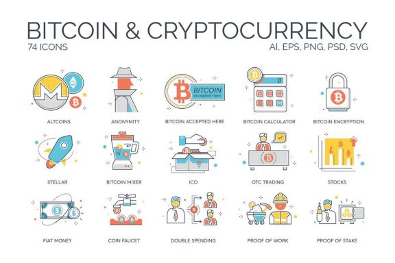 74 Cryptocurrency & Bitcoin Icons | Color Line