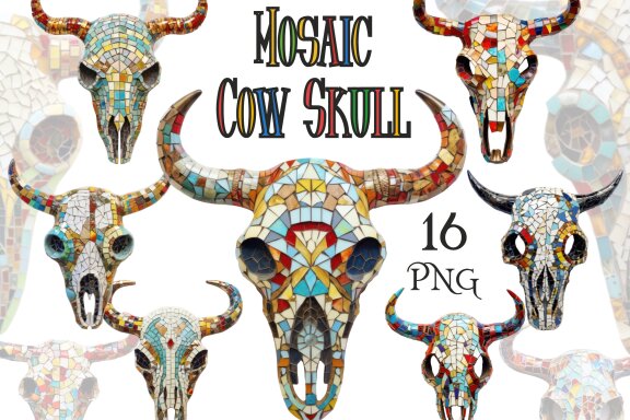 Mosaic Cow Skull PNG Free Bundle