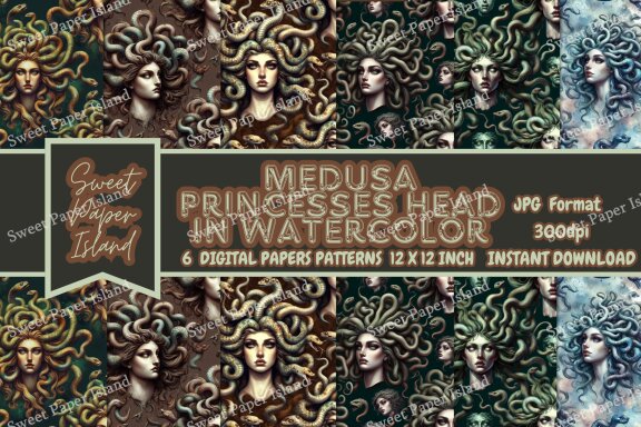 6 FREE Digital Papers - Medusa Head In Watercolor 