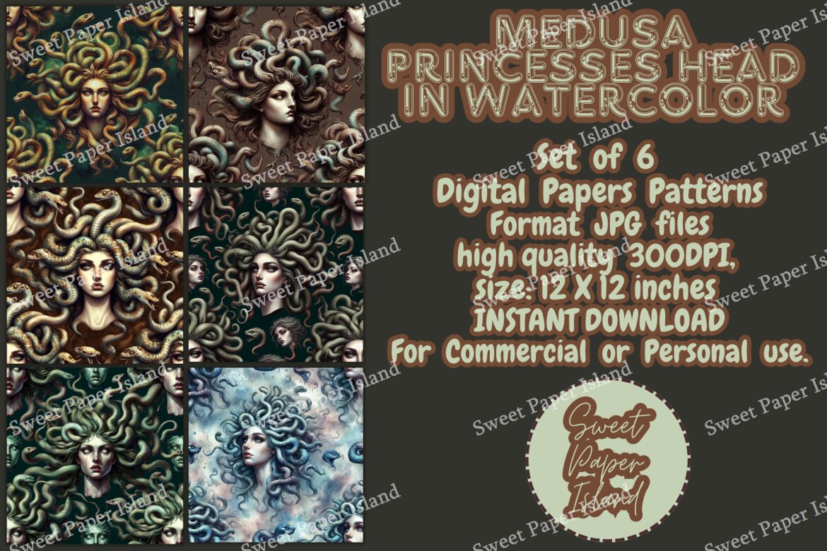 6 FREE Digital Papers - Medusa Head In Watercolor  alternate