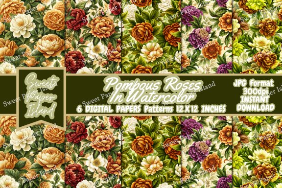 6 FREE Digital Papers - Pompous Roses In Watercolor