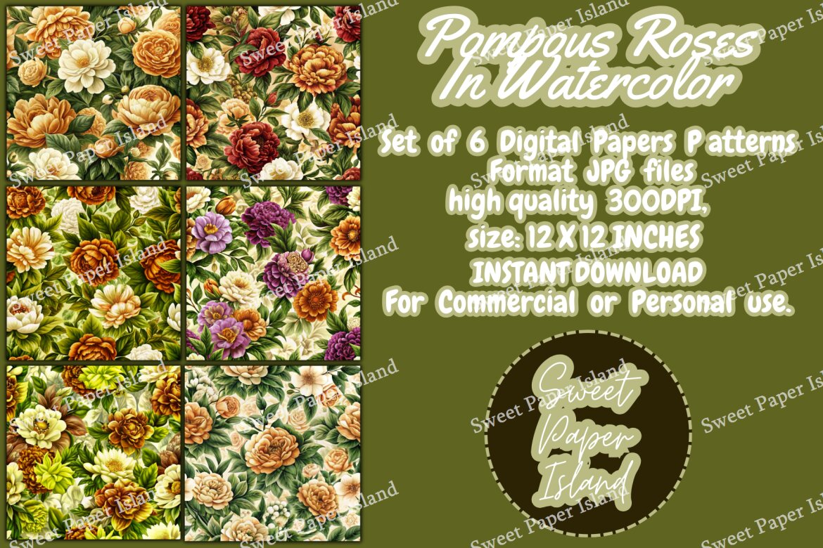 6 FREE Digital Papers - Pompous Roses In Watercolor alternate