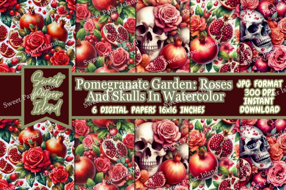 6 FREE Digital Papers - Roses And Skulls In Watercolor