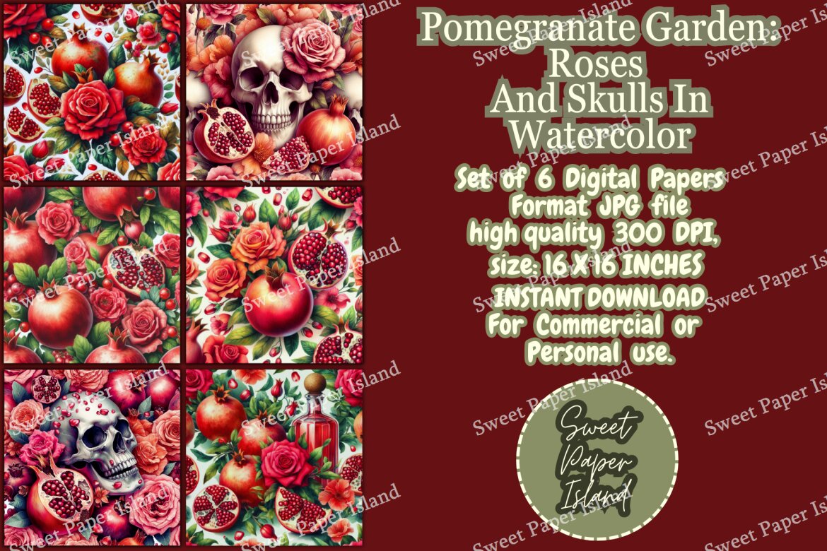6 FREE Digital Papers - Roses And Skulls In Watercolor alternate