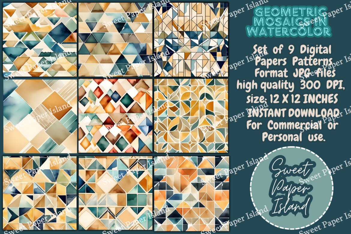 9 FREE Digital Papers - Mosaics In Watercolor alternate