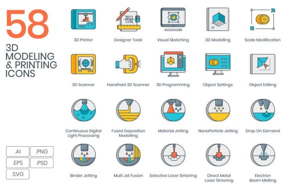 58 3D Printing & Modeling Icons | 3D