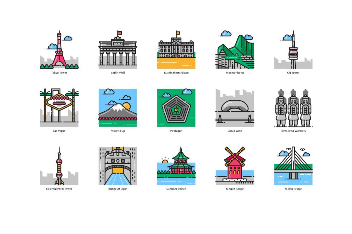 101 Landmark & Building Icons | Aesthetic alternate
