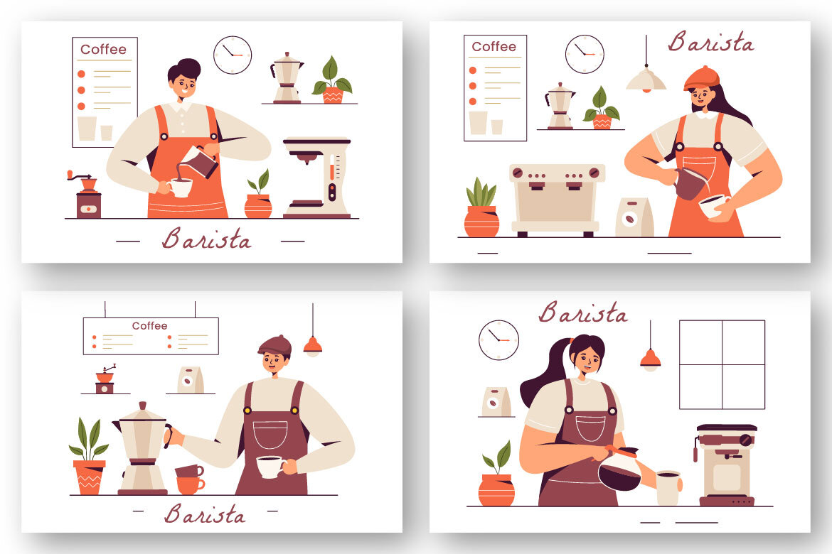 9 Barista Making Coffee FREE Illustrations alternate
