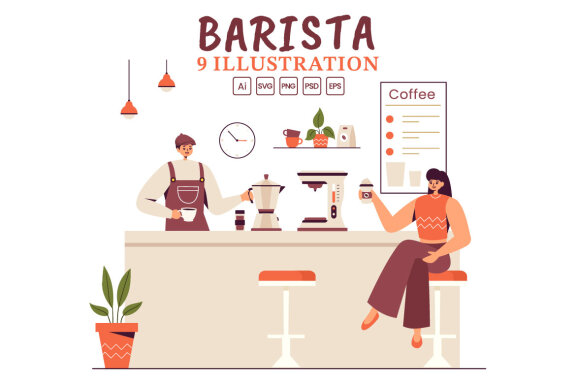 9 Barista Making Coffee FREE Illustrations