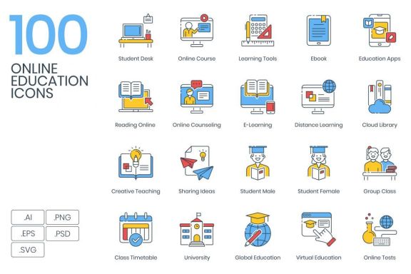 100 Online Education Icons | ColorPop