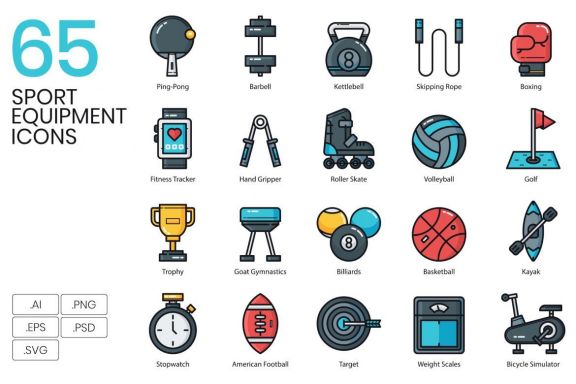 65 Sports Equipment Icons