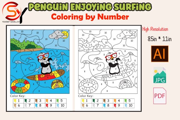 Penguin Enjoying Surfing coloring by number