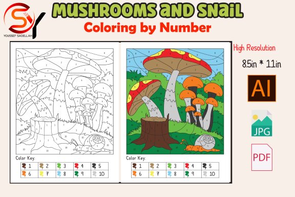 Mushrooms and Snail - FREE Coloring Page by Numbers