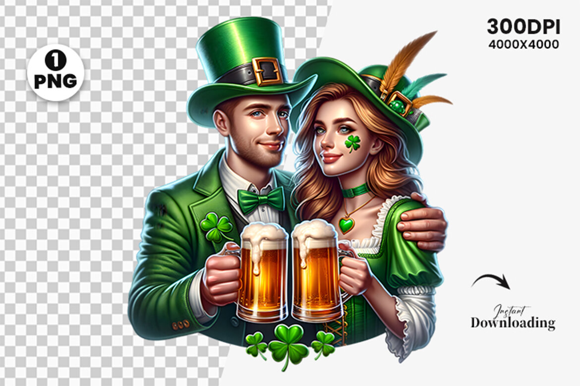 St Patrick Couple hold a beer FREE Clipart PNG alternate