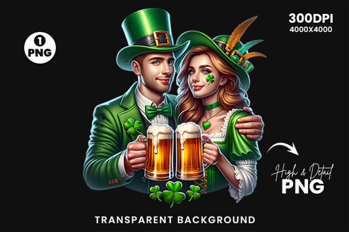St Patrick Couple hold a beer FREE Clipart PNG - view 3