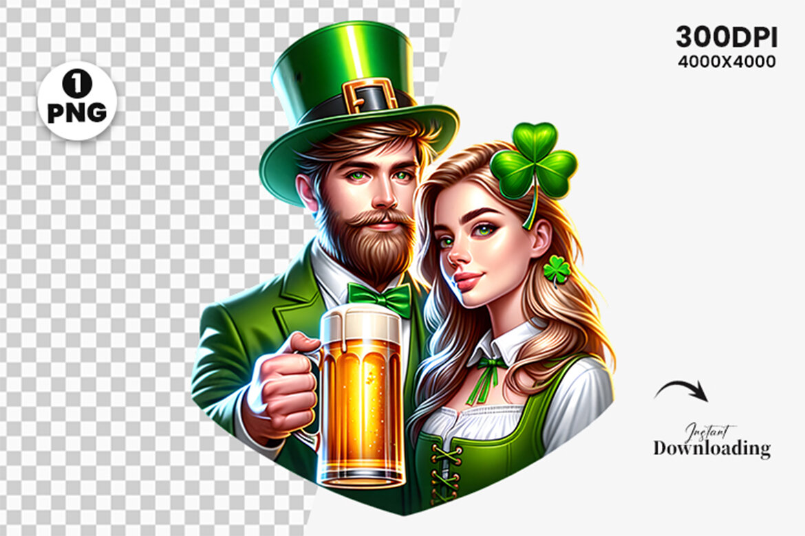 St Patrick Couple hold a beer FREE Clipart PNG alternate