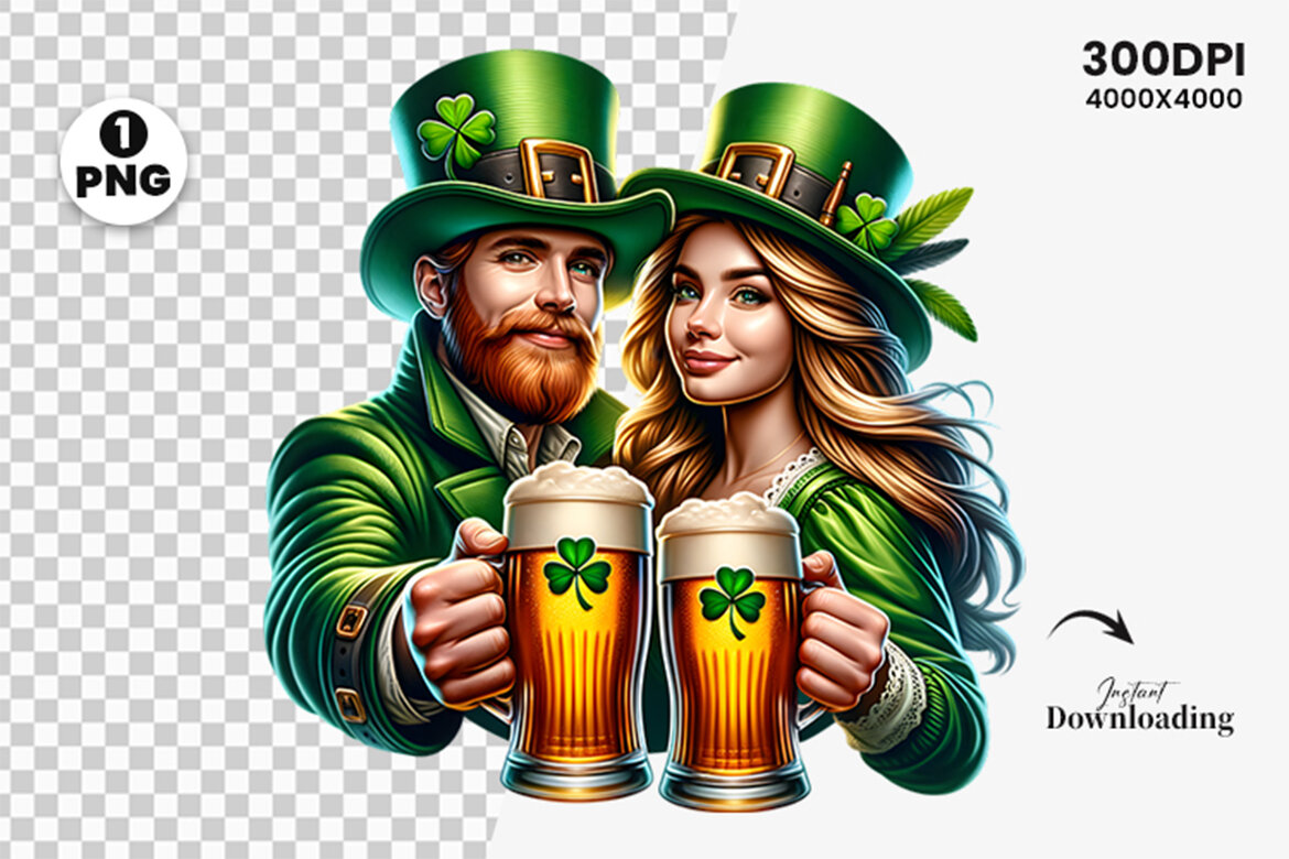 St Patrick Couple hold a beer FREE Clipart PNG alternate