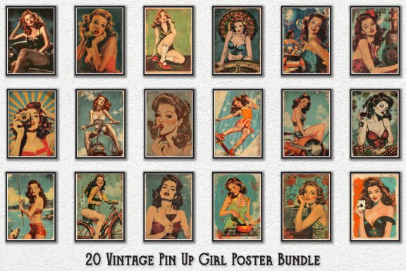 Vintage Pin Up Girl Wall Art Poster FREE Bundle