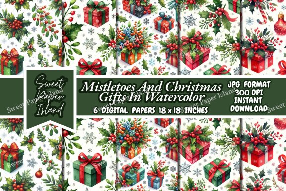 6 FREE Digital Papers - Mistletoes And Christmas Gifts