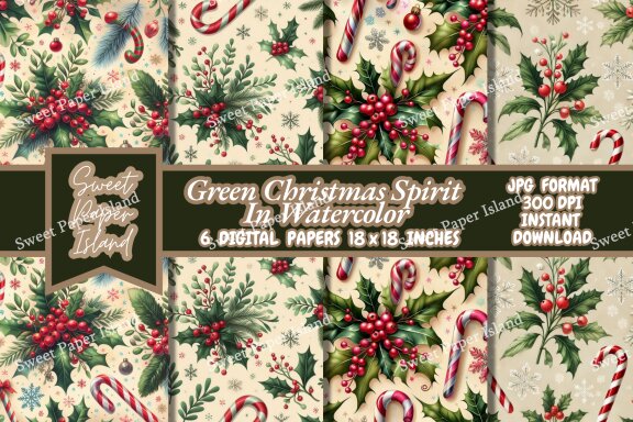 6 FREE Digital Papers - Green Christmas Spirit