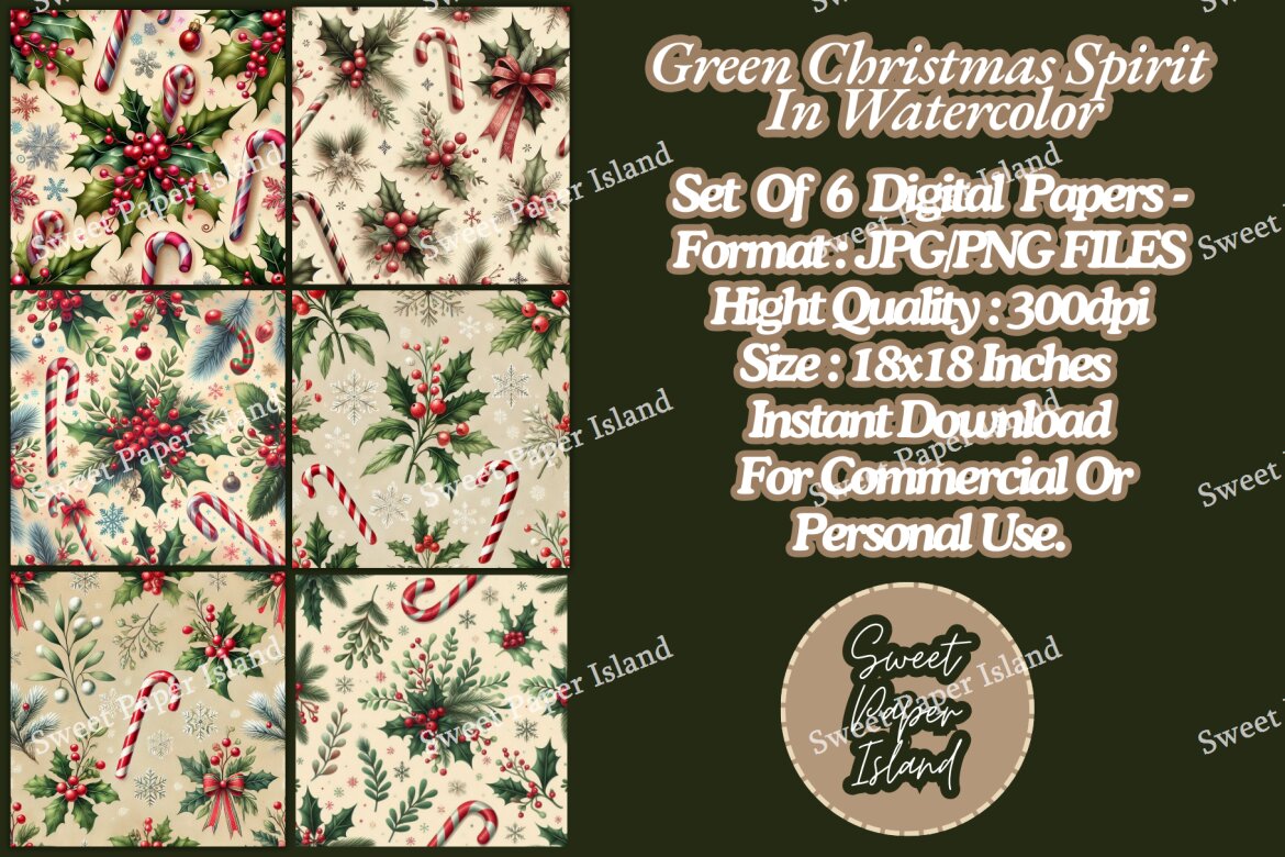 6 FREE Digital Papers - Green Christmas Spirit alternate