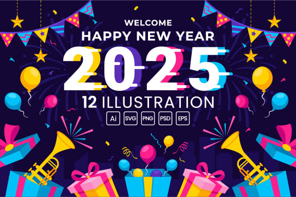 12 Happy New Year 2025 FREE Illustrations