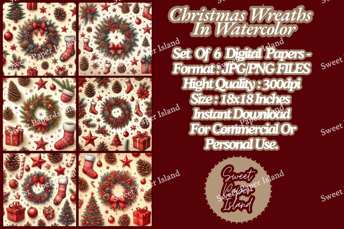 6 Free Digital Papers - Christmas Wreaths alternate